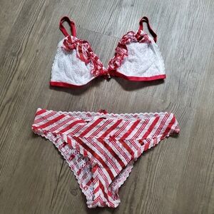 Victoria's Secret Red and White Holiday Candy Cane Lace Lingerie Set